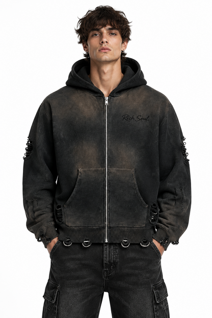 Distressed Heavyweight Full-Zip Hoodie